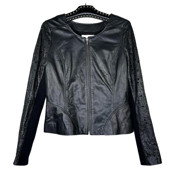HINGE Seattle Black 💯 Leather Moto Jacket Cut Out Sleeve Women size Medium - Picture 2 of 8